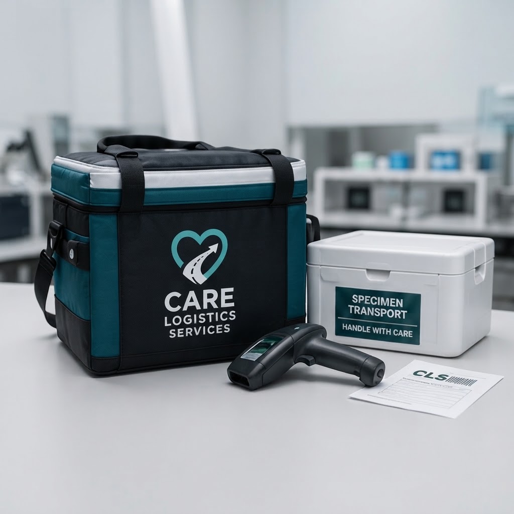 Care Logistics Services medical specimen transport bag, cooler, and barcode scanning equipment