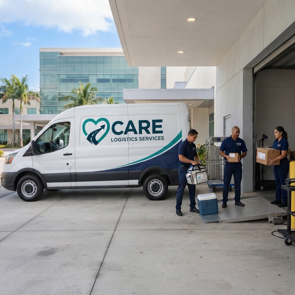 Care Logistics Services delivery vehicle in front of medical center
